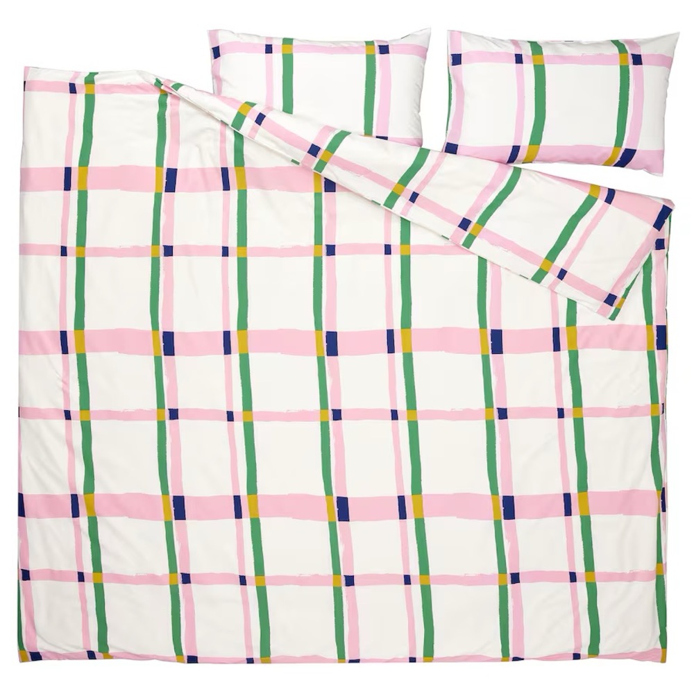 IKEA SYRABLADMAL Duvet cover w/ pillowcase(s), multicolor/check, Full/Queen New